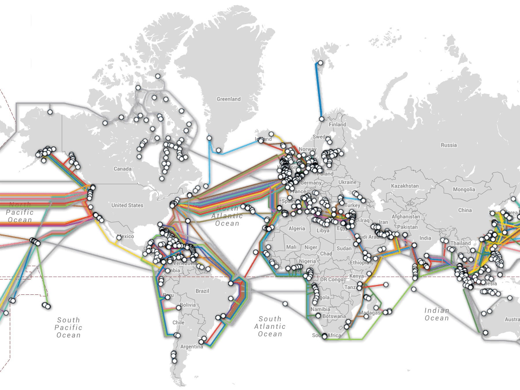 Map of submarine cable systems and their landing stations.